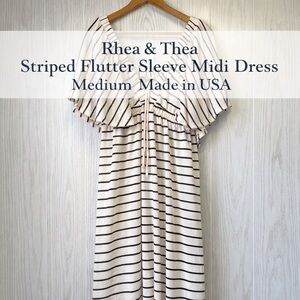 Rhea & Thea Striped Flutter Sleeve Midi Dress Medium Made in USA